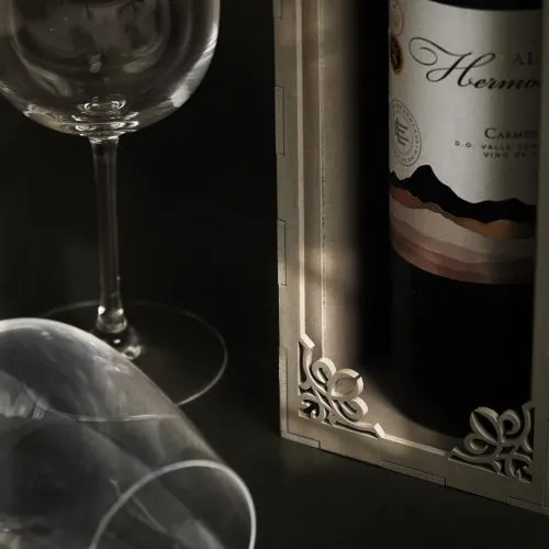 Wine bottle displayed in a laser-cut gift box