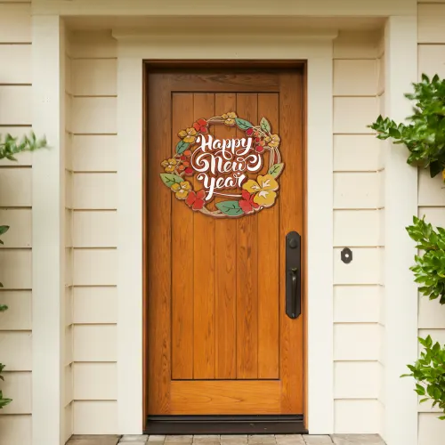 Happy New Year wreath displayed on a front door