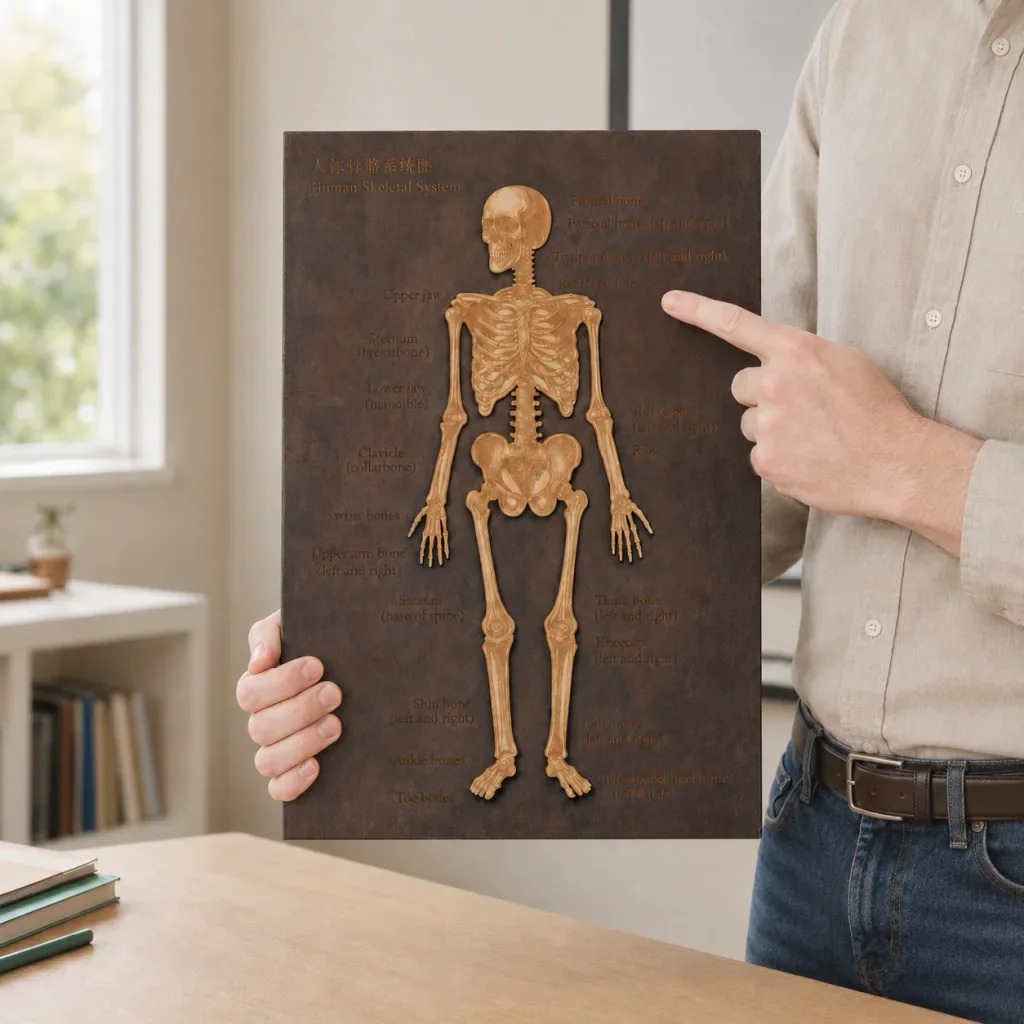 Dřevěná výuková deska anatomie s vyjímatelnými díly kostry