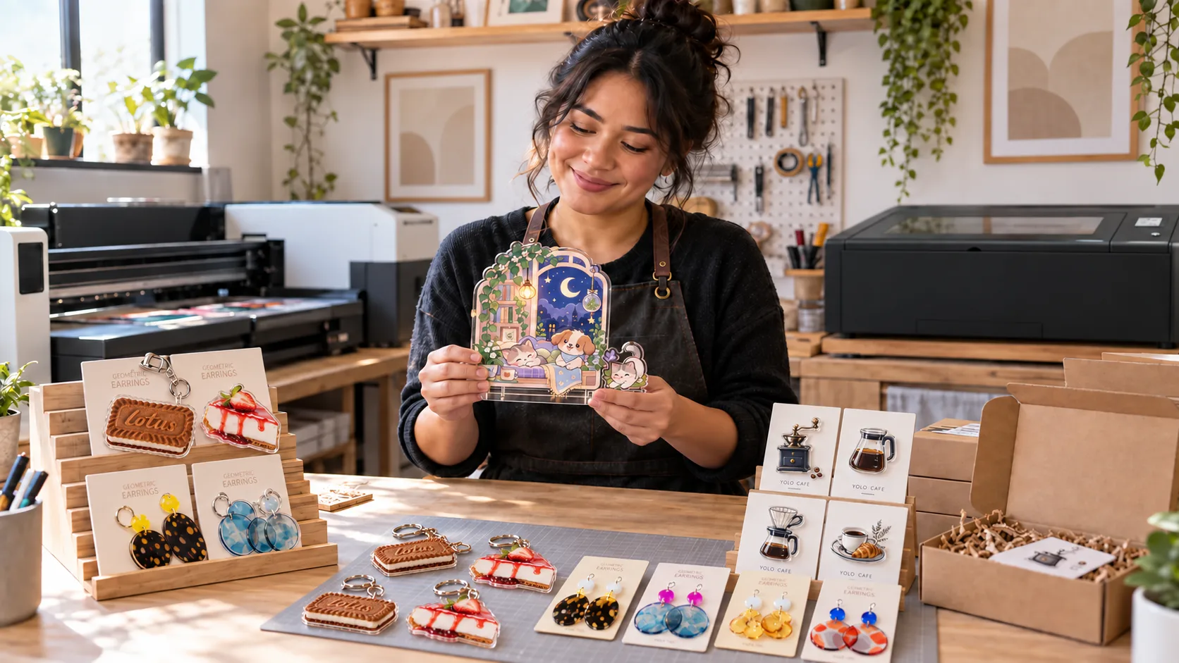 Small business maker holding a cat-and-dog acrylic desk sign beside dessert keychains, colorful earrings, cafe magnets, a UV printer, and a FLUX Beambox II CO2 laser cutter