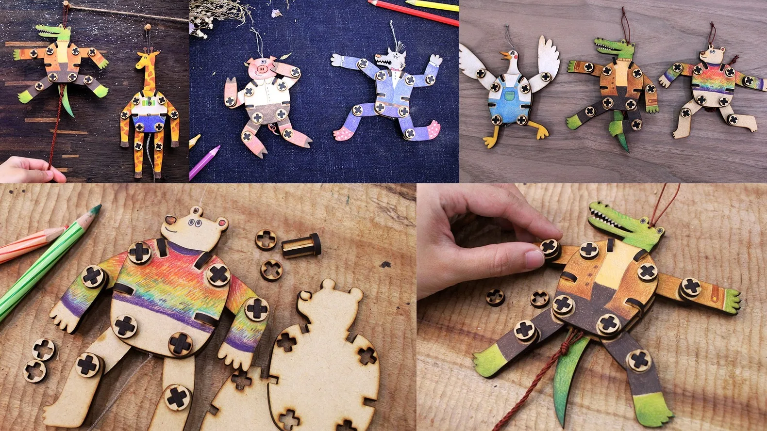 A collage showing colorful jointed wooden animals being assembled