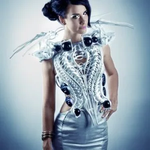 Anouk Wipprecht wearing an earlier interactive fashion design