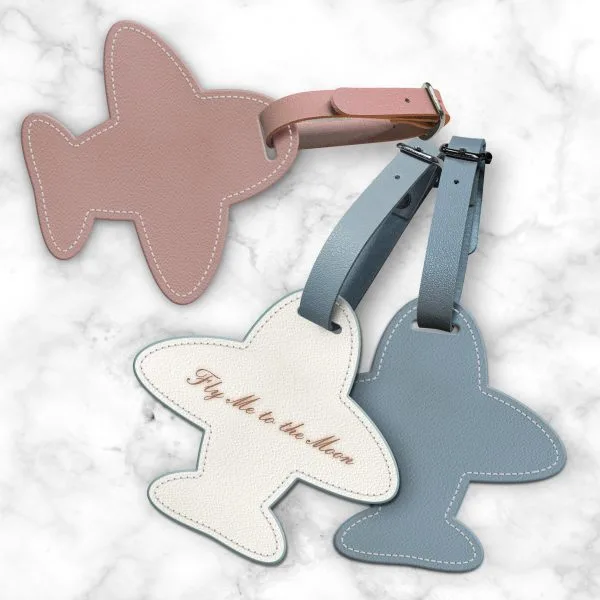 Personalized leather airplane luggage tags by Mr. Sheep