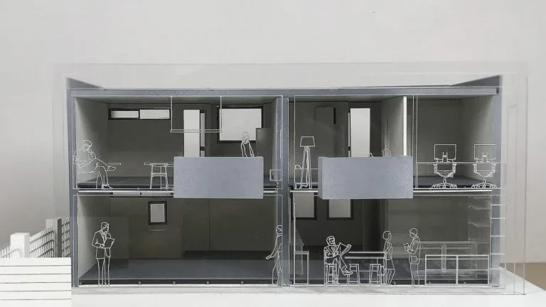 Finished miniature model with finely cut architectural elements
