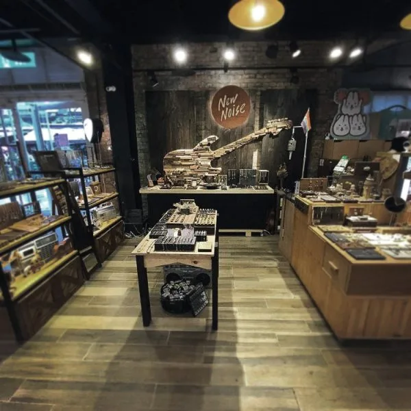 The wood-furnished New Noise shop interior in Ximending